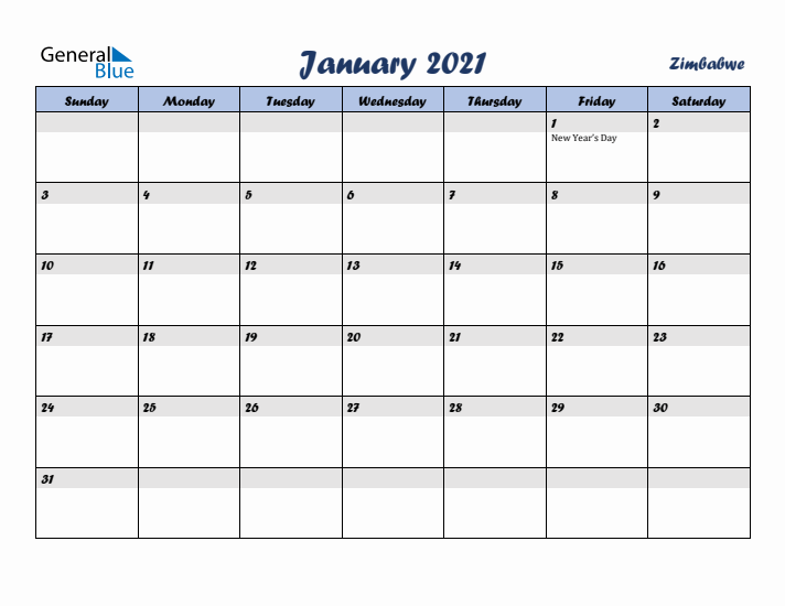 January 2021 Calendar with Holidays in Zimbabwe