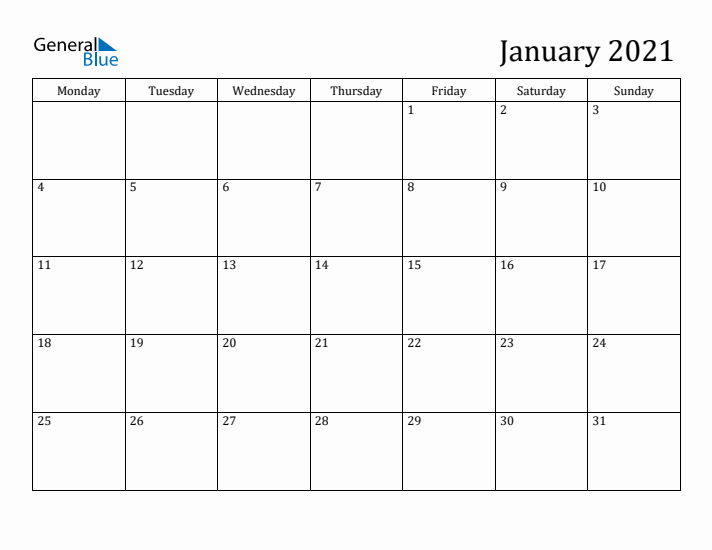 January 2021 Calendar