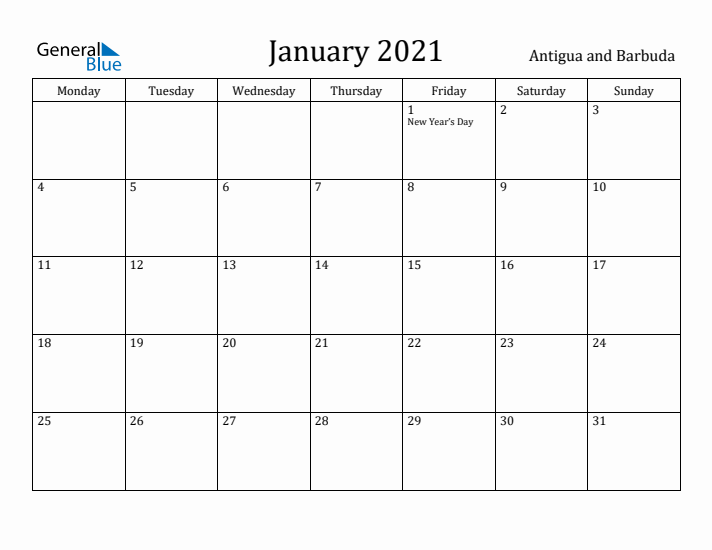 January 2021 Calendar Antigua and Barbuda