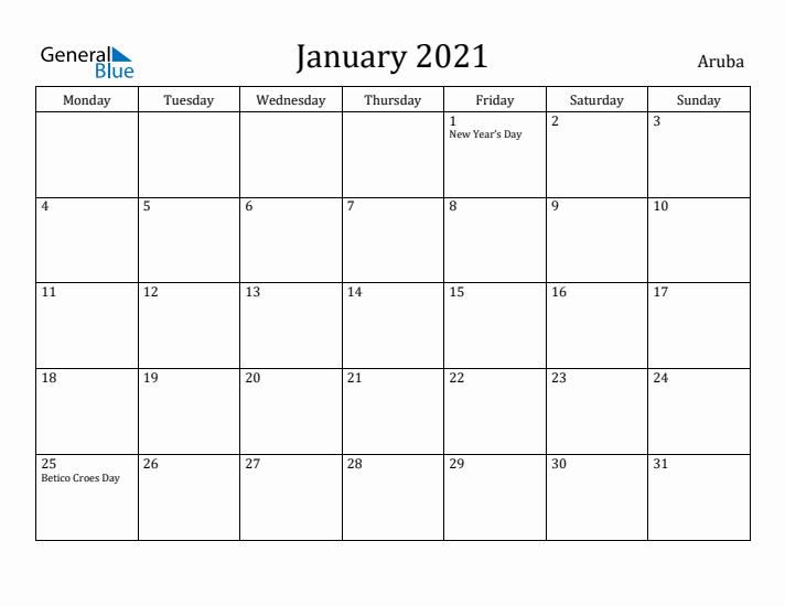 January 2021 Calendar Aruba