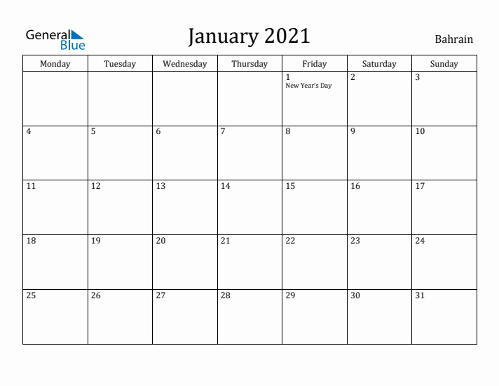 January 2021 Calendar Bahrain