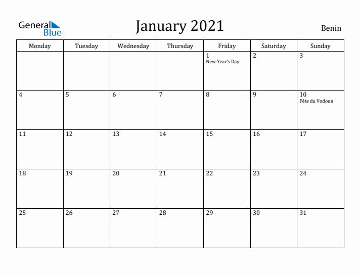 January 2021 Calendar Benin