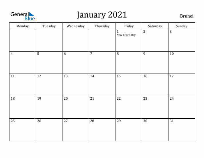 January 2021 Calendar Brunei