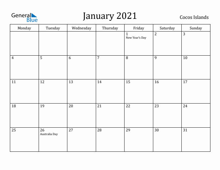 January 2021 Calendar Cocos Islands