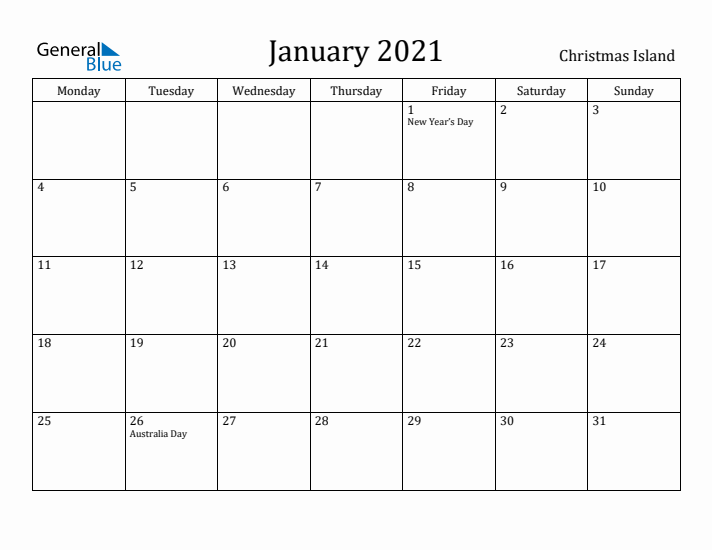 January 2021 Calendar Christmas Island