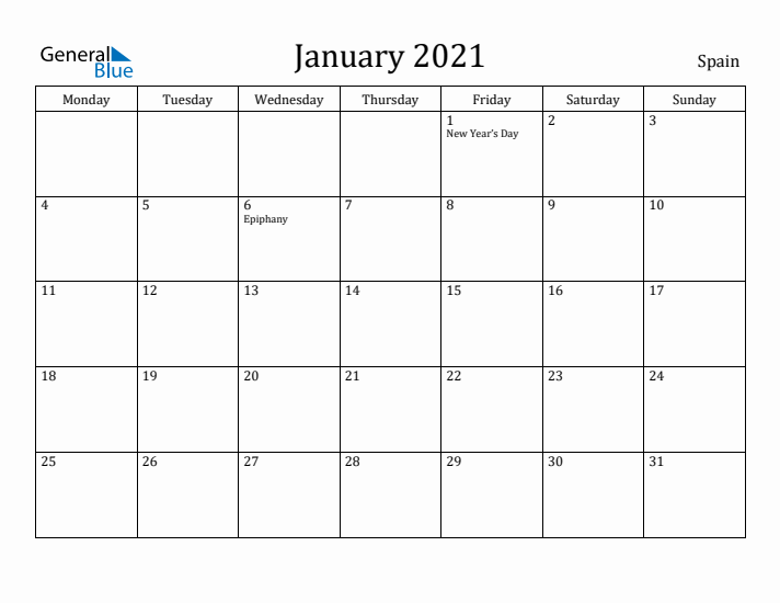 January 2021 Calendar Spain