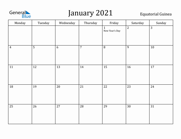 January 2021 Calendar Equatorial Guinea