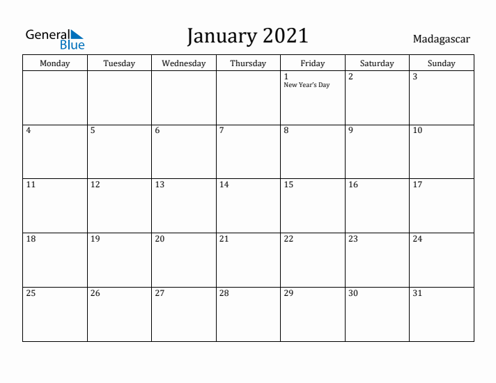 January 2021 Calendar Madagascar