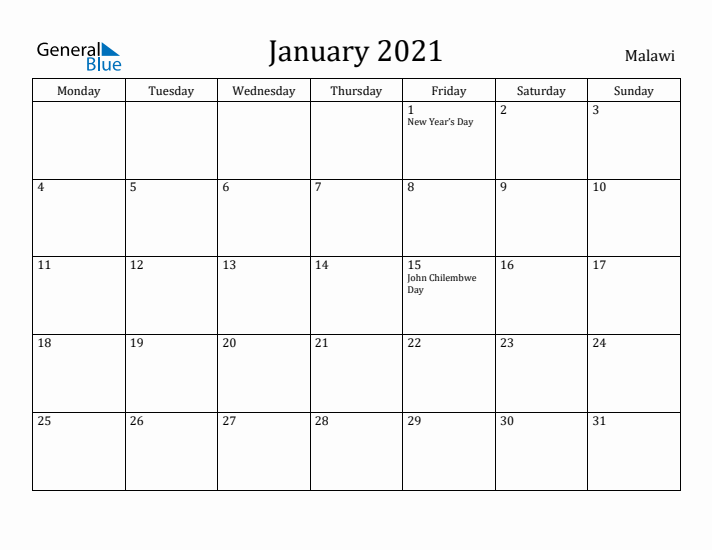 January 2021 Calendar Malawi