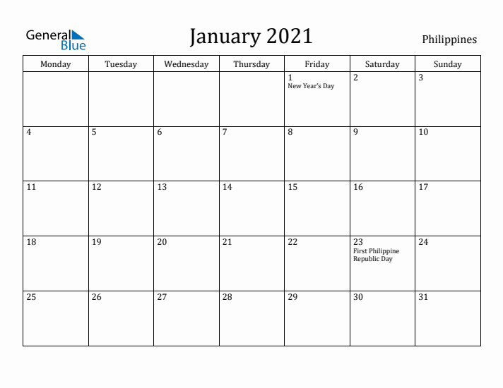 January 2021 Calendar Philippines