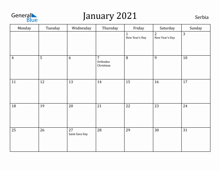 January 2021 Calendar Serbia