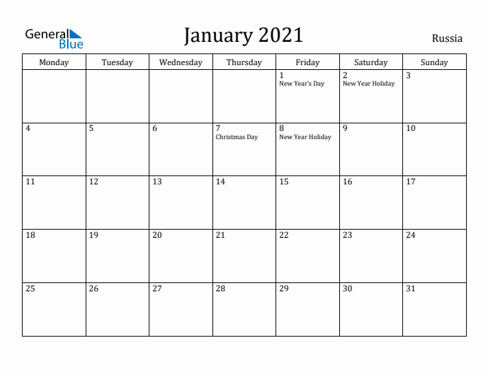 January 2021 Calendar Russia