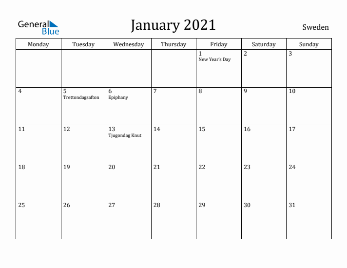 January 2021 Calendar Sweden