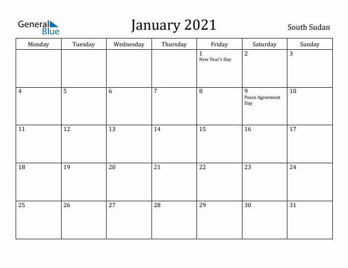 January 2021 Calendar South Sudan