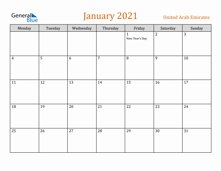 January 2021 Holiday Calendar with Monday Start