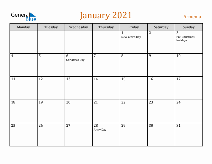 January 2021 Holiday Calendar with Monday Start