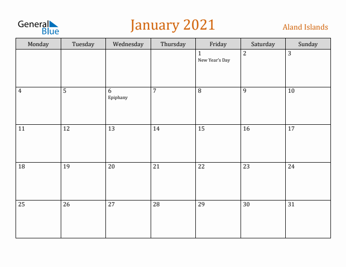 January 2021 Holiday Calendar with Monday Start