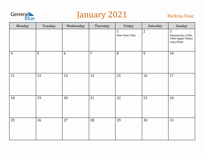 January 2021 Holiday Calendar with Monday Start