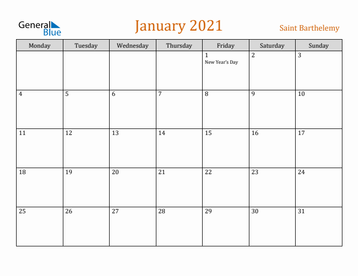 January 2021 Holiday Calendar with Monday Start