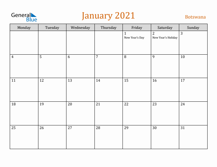 January 2021 Holiday Calendar with Monday Start