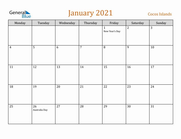 January 2021 Holiday Calendar with Monday Start