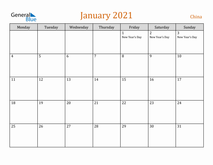 January 2021 Holiday Calendar with Monday Start