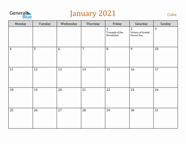 January 2021 Holiday Calendar with Monday Start