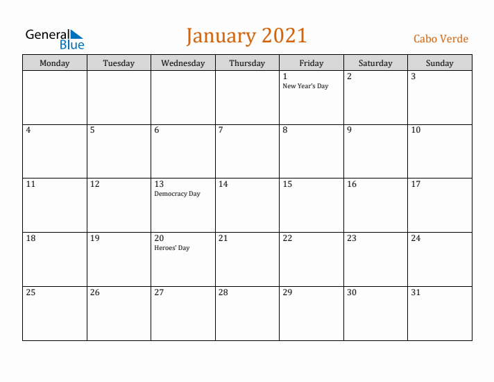 January 2021 Holiday Calendar with Monday Start