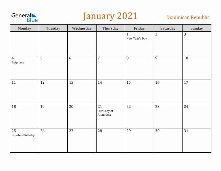 January 2021 Holiday Calendar with Monday Start