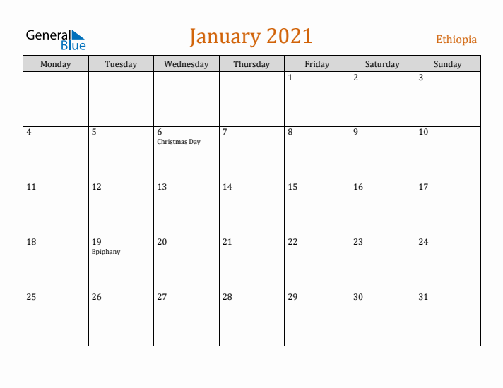 January 2021 Holiday Calendar with Monday Start