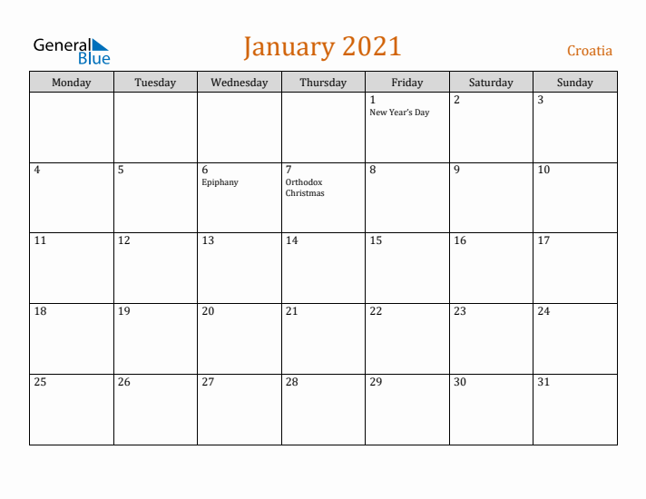 January 2021 Holiday Calendar with Monday Start