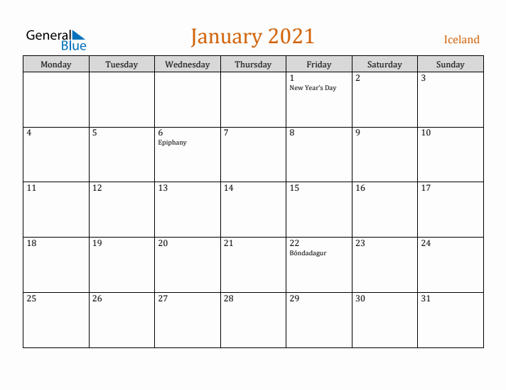 January 2021 Holiday Calendar with Monday Start