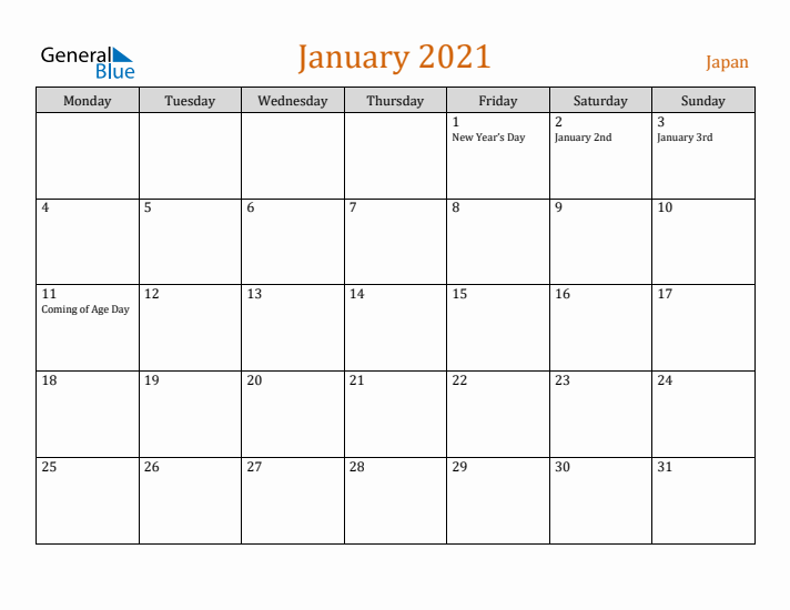 January 2021 Holiday Calendar with Monday Start