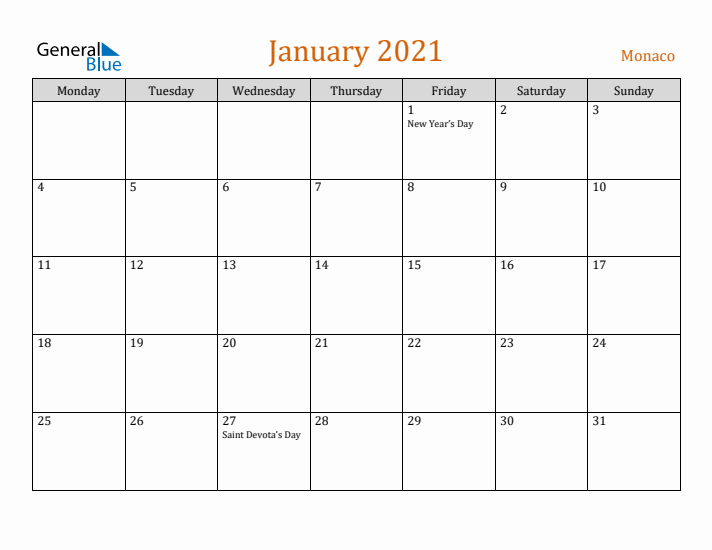 January 2021 Holiday Calendar with Monday Start