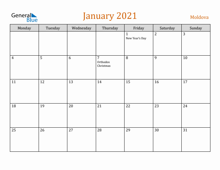 January 2021 Holiday Calendar with Monday Start