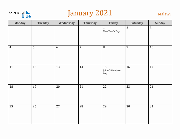 January 2021 Holiday Calendar with Monday Start