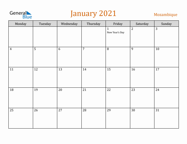 January 2021 Holiday Calendar with Monday Start