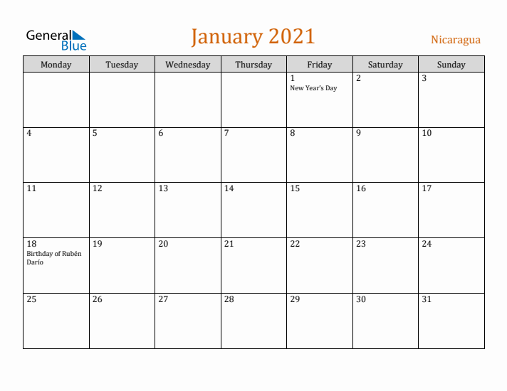 January 2021 Holiday Calendar with Monday Start