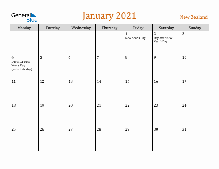 January 2021 Holiday Calendar with Monday Start