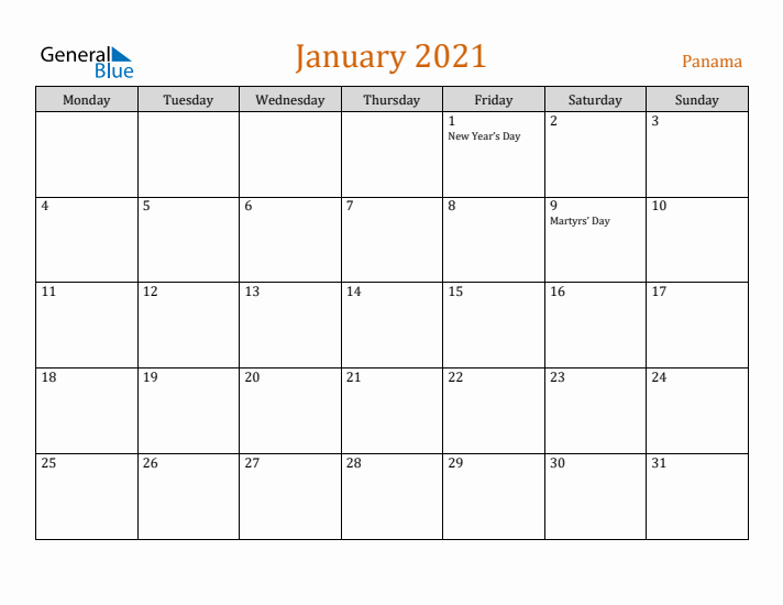 January 2021 Holiday Calendar with Monday Start