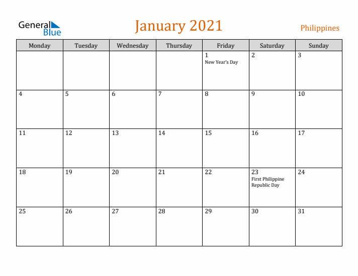 January 2021 Holiday Calendar with Monday Start