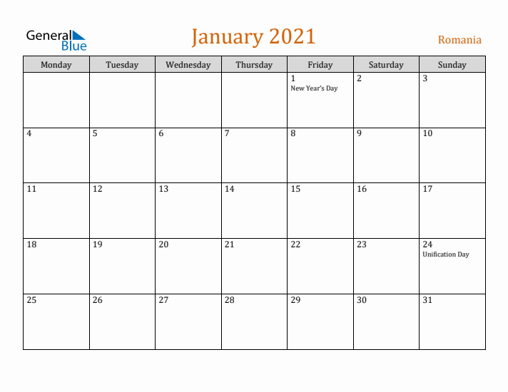 January 2021 Holiday Calendar with Monday Start