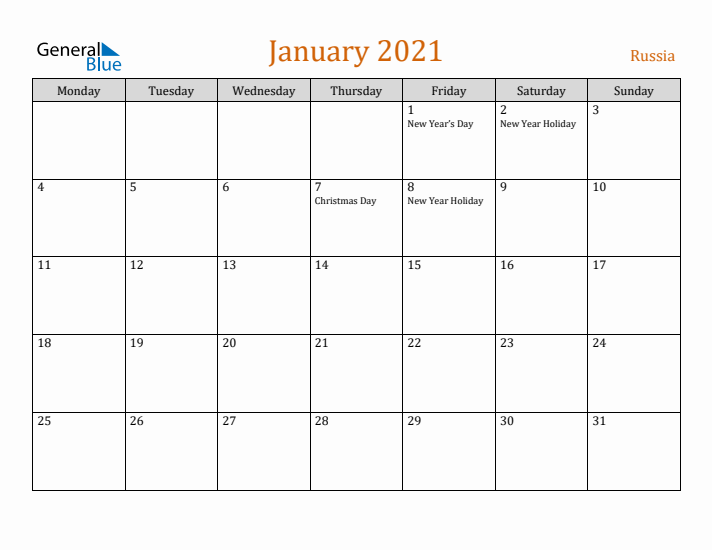 January 2021 Holiday Calendar with Monday Start