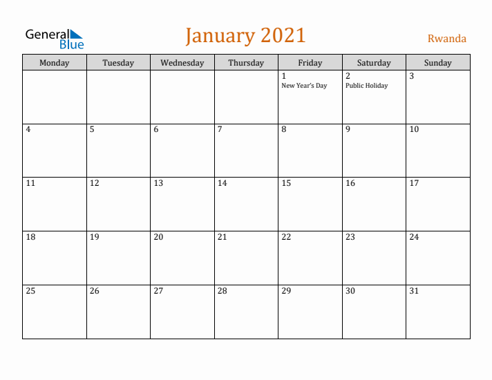 January 2021 Holiday Calendar with Monday Start