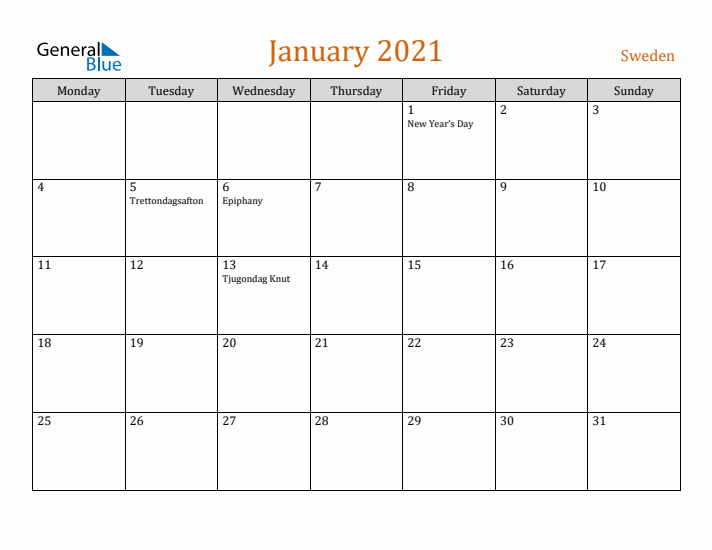 January 2021 Holiday Calendar with Monday Start