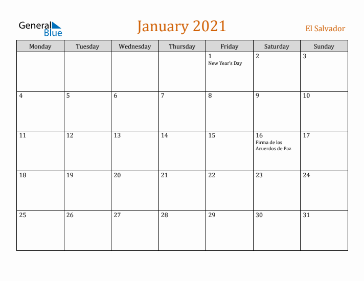 January 2021 Holiday Calendar with Monday Start