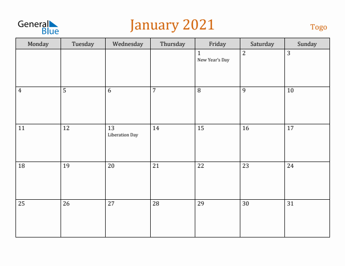 January 2021 Holiday Calendar with Monday Start