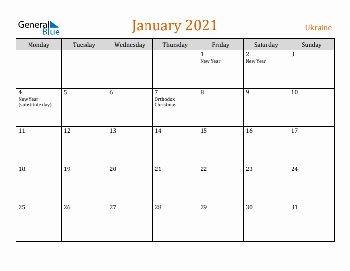 January 2021 Holiday Calendar with Monday Start