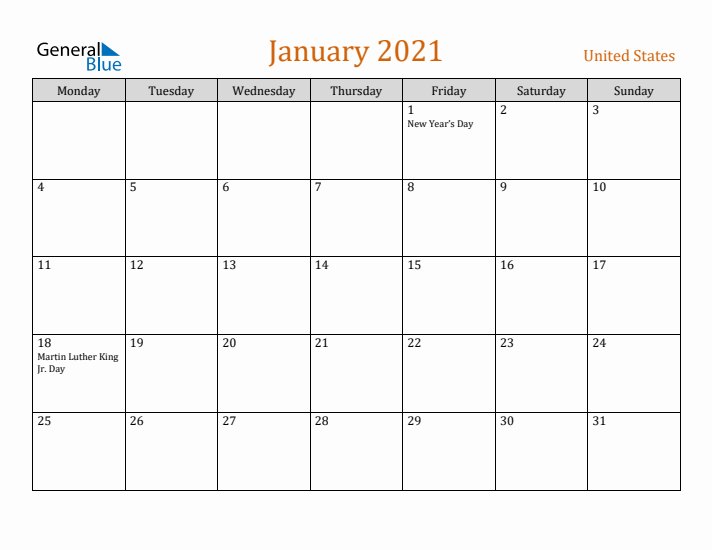 January 2021 Holiday Calendar with Monday Start