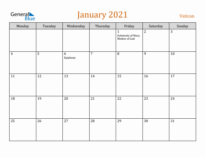 January 2021 Holiday Calendar with Monday Start